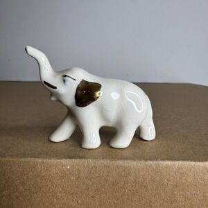 Vintage‎ White Ceramic Elephant Figurine Gold Accents Tiny Animal Statue